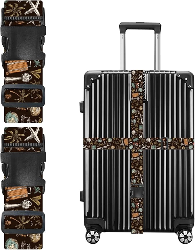 Nuxovilar Luggage Straps of 2 Set Travel Elements Pattern, 1.96x90.5 inches - Luggage Straps for Suitcases, Perfect for Global Travel, Adventures, Business Trips