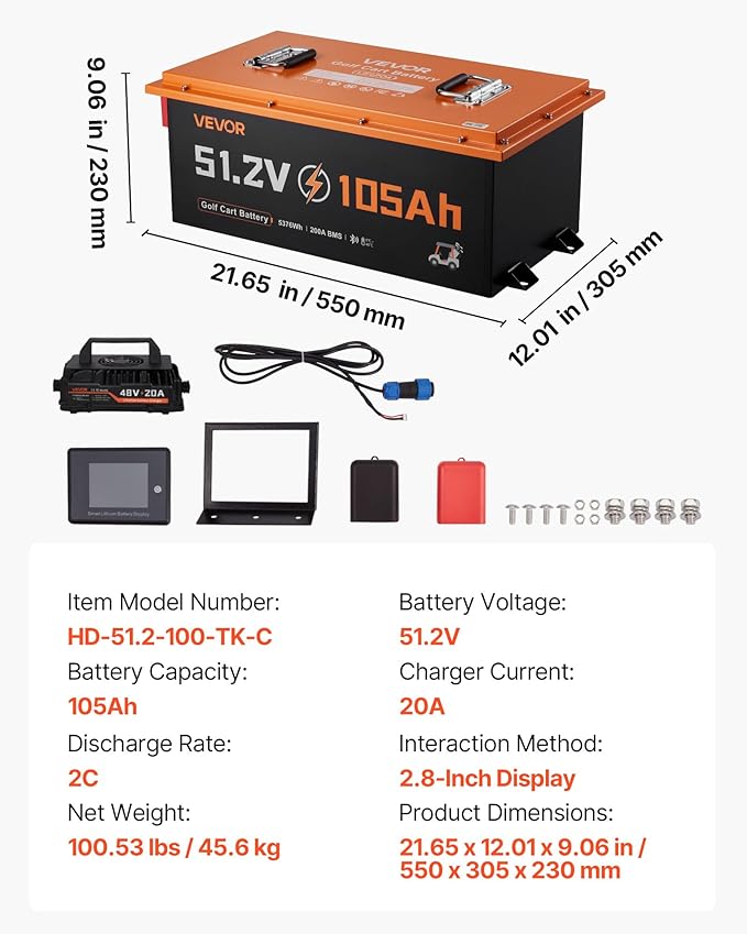 VEVOR 48V (51.2V) 105AH Lithium Golf Cart Battery, with 18A Charger, Lifepo4 Battery Kit, Built-in 200A BMS, with Bluetooth & Touch Monitor, 4000 Cycles, Metal Case, for Golf Carts, Trolling Motors