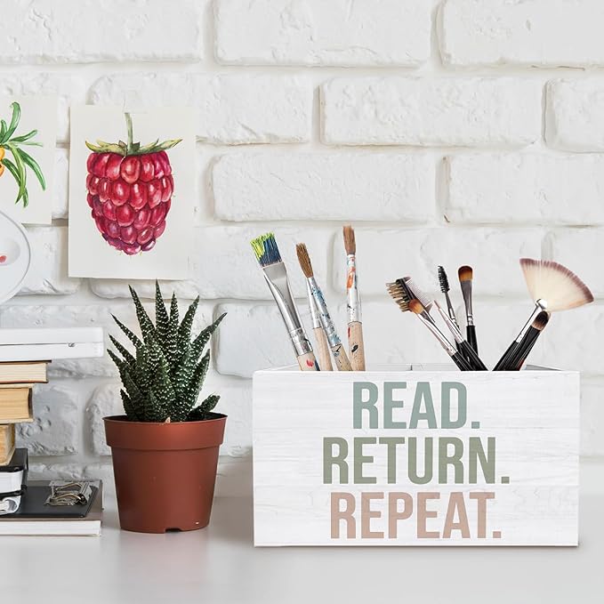 Boho Book Pen Holder for Desk, Book Lover Reader Librarian Gifts Pencil Organizer, Read Return Repeat Wooden Box Sign Desk Decor for Home Library Reading Room Classroom Decoration