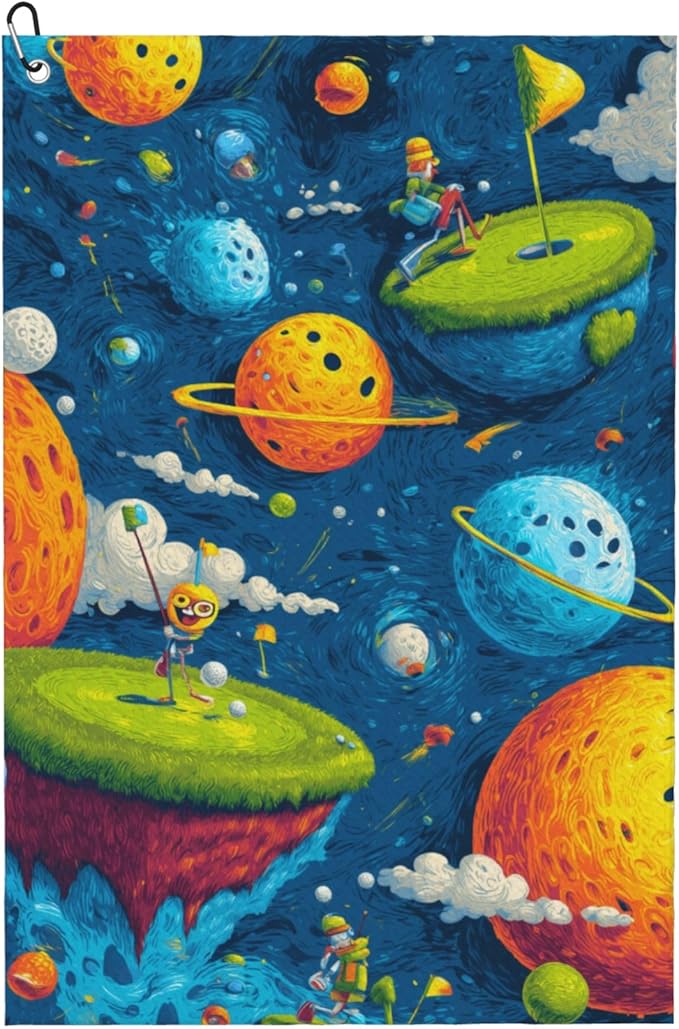 Funny Golf Towel with Carabiner Clip 24"x16" Cute Navy Blue Universe Planet Space Golf Towels for Golf Bags Microfiber Waffle Cartoon Golf Rag for Disc Balls Clubs Golfs Accessories for Men Women Dad