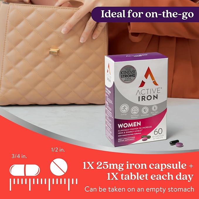 Active Iron Supplement 25mg + Multivitamin for Women – Clinically Proven to Increase Energy & Reduce Tiredness – Gentle, Non-Constipating Iron + Women’s Multivitamin – 60 Capsules + 60 Tablets