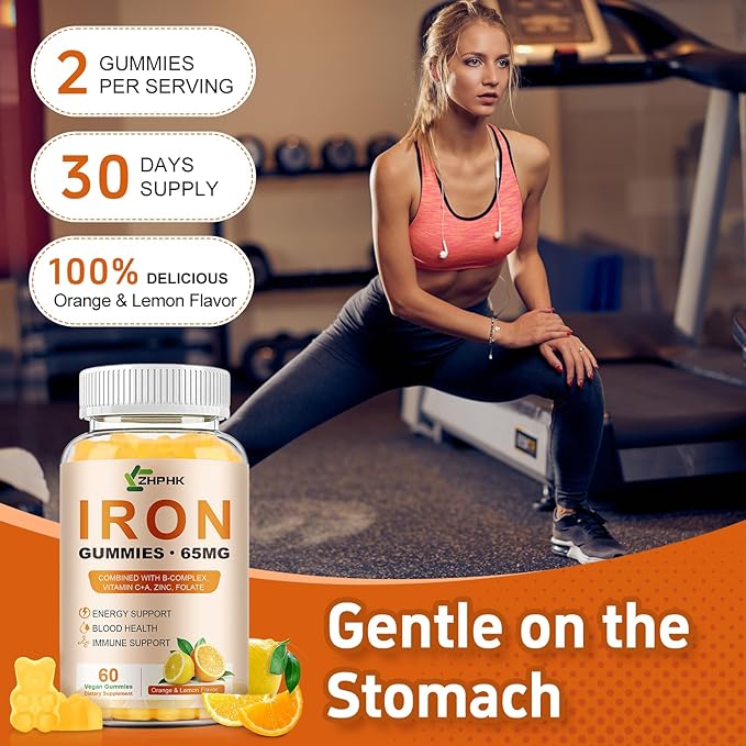 Iron Gummies Vitamin Supplement 65mg & Vitamin C 250mg per Serving with B6 B12 Folate- Energy Support for Iron Deficiency, Anemia, Vegan Orange & Lemon Flavor, 120 Count