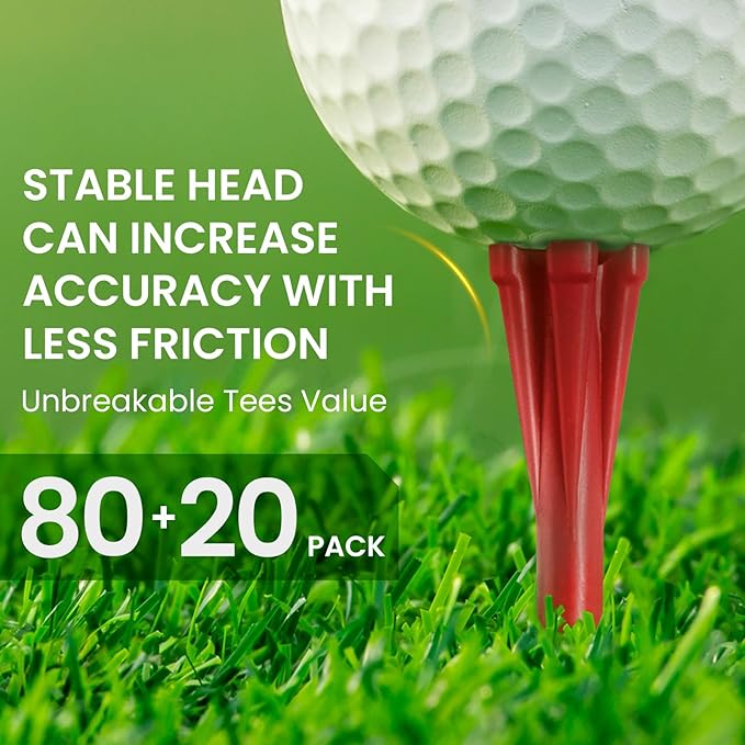 FINGER TEN Unbreakable Golf Tees Plastic 80 3 1/4" or 2 3/4" Driver Tees with 20 1 1/2" Iron Tees Assorted Pack, Low Resistance & Consistent Height Long Short Tees with Bright Colors