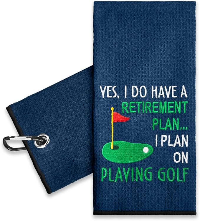 ERHACHAIJIA Yes I'd Have A Retirement Plan Embroidered Golf Towel with Clip. Funny Golf Accessories Gifts for Men Women Golfer Grandma Grandpa Mom Dad, Retirement (Navy)