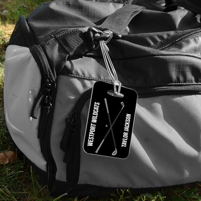 ChalkTalkSPORTS Golf Luggage & Bag Tag | Personalized Crossed Golf Clubs | Standard Lines on Back | Medium | Black/Gray