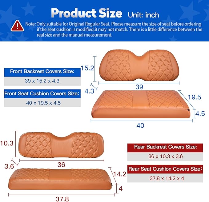 NOKINS 4PCS Golf Cart Seat Covers Kit, Front and Rear Seat Covers Fits Club Car Precedent Standard Seat Cushion, Club Car Vinyl Diamond Seat Covers Accessories, No Staples (All Brown)