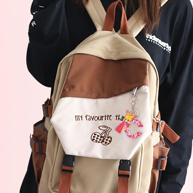 Suweibuke Colourful Cute Initial Letter Keychains for Women Girls with Tassel Butterfly, Charm for Purse Handbags Backpacks