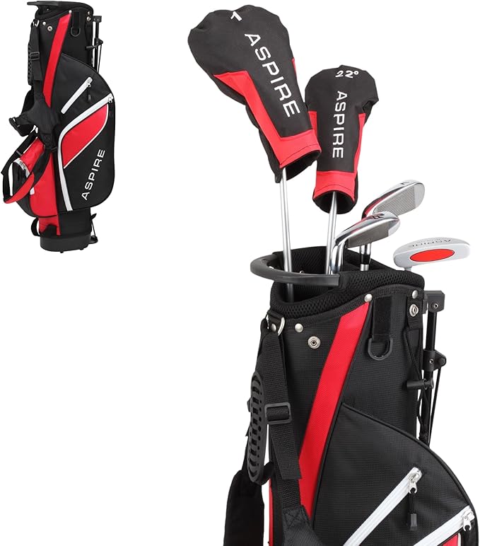 Aspire Junior Plus Kids Golf Clubs – Boys’ & Girls’ Right-Handed Golf Set with Lightweight Stand Bag, Graphite Shafts & Aircraft-Grade Aluminum Clubs