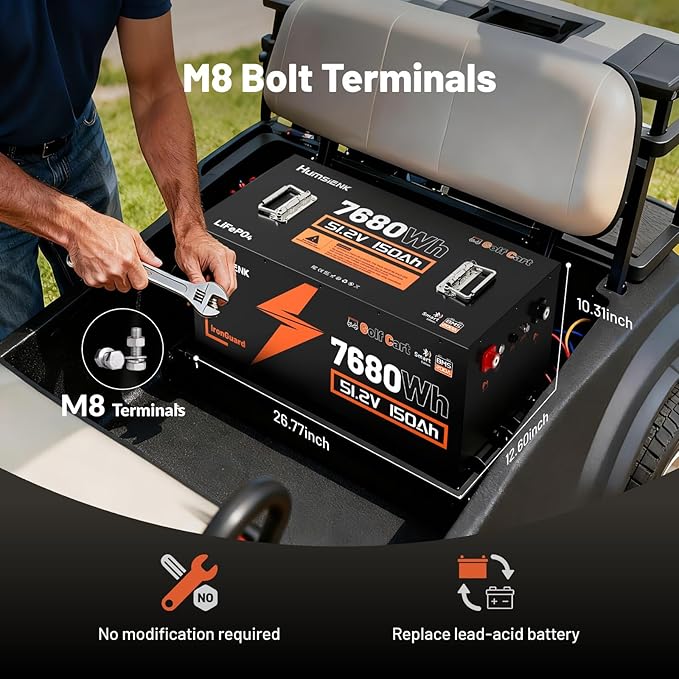 48V 150Ah Golf Cart Battery with Blade Cell & Metal Case, LiFePO4 Lithium Battery with 15A Charger, Bluetooth Mobile APP & LCD Monitor, 15000+ Cycles, 200A BMS with Low-Temp Protection for Golf Carts