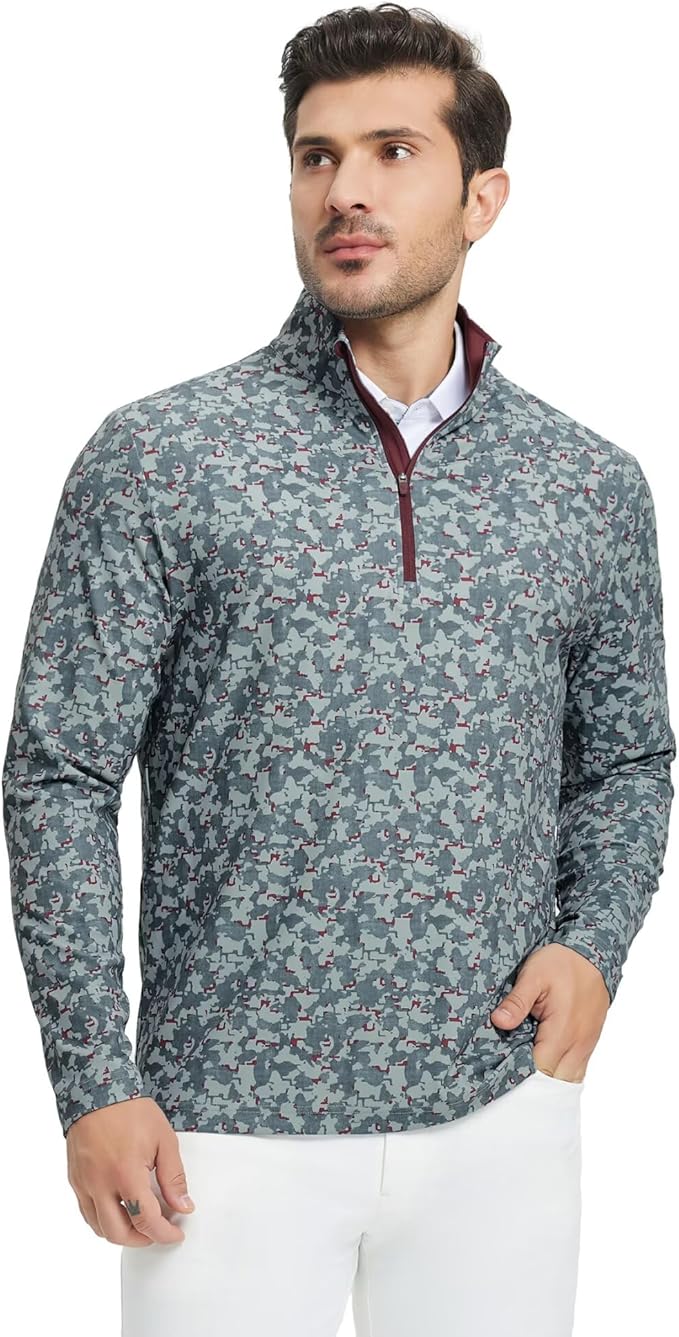 M MAELREG Quarter Zip Golf Pullover Men Dry Fit Long Sleeve Performance Wicking 1/4 Zip Full Print Pullover Mens Sweatshirt