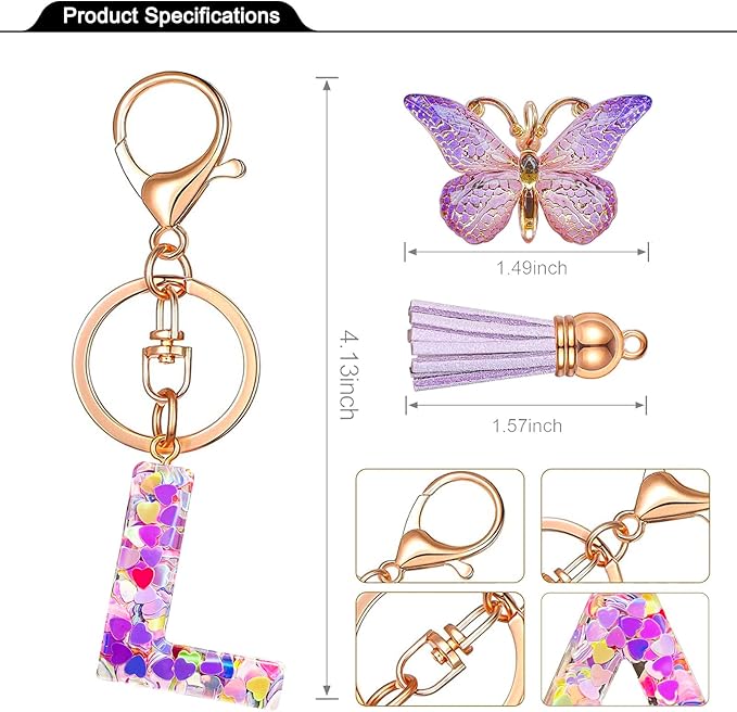 JINGUAZI Initial letter Keychains for Women Tassel Butterfly Pink Purple Cute Car Keychain for Wallet Backpack bag charm