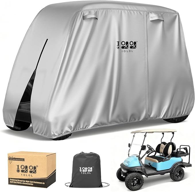 10L0L Golf Cart Cover 2/4/4+2 Passenger for Yamaha EZGO Club Car, Heavy Duty 420D Waterproof Windproof Durable Polyester Golf Cart Cover with 3 Zipper Doors for All-Weather Protection (Black/Silver)