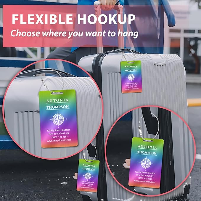 Custom Stainless Steel Luggage Tags (2 Pack) - Personalized Laser Engraved Luggage Tag, Waterproof Durable, for Bags, Backpack Travel, Suitcases (Multi Color)