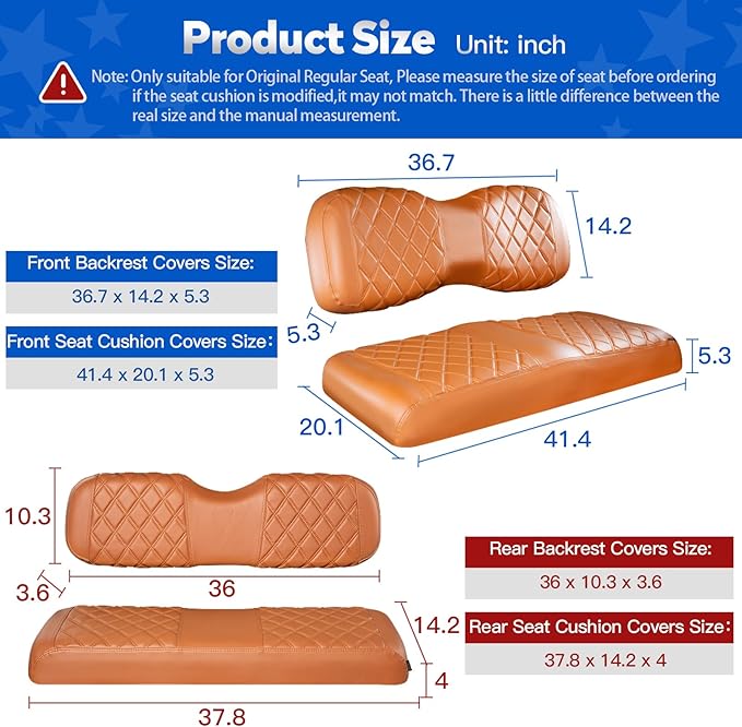 NOKINS 4PCS Golf Cart Seat Covers Kit, Front and Rear Seat Covers Fits YAMAHA/G29/Drive2 Standard Seat Cushion, Yamaha Vinyl Diamond Replacement Seat Covers, No Stapler(All Brown)