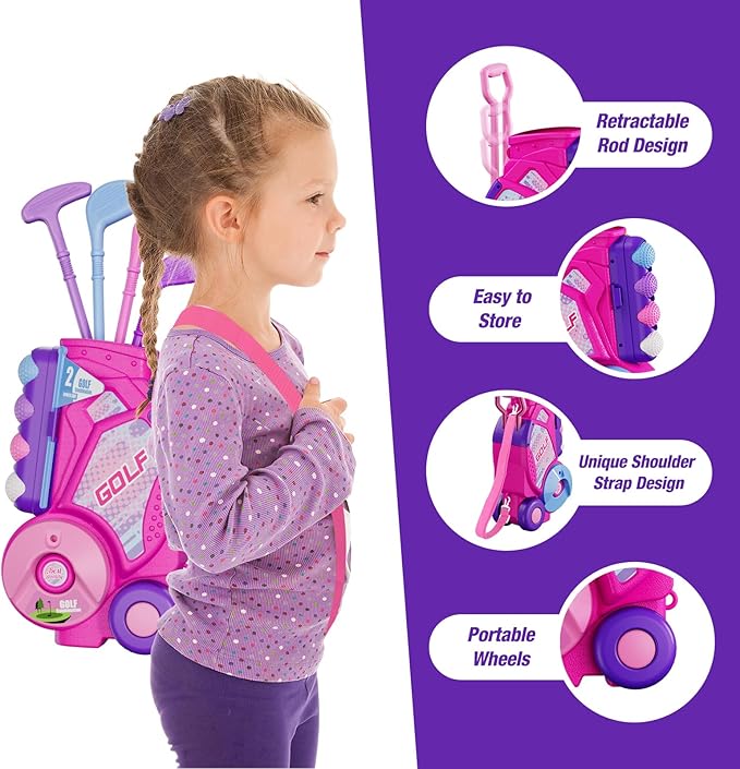 Toddler Golf Set 2-4 Years, Kids Golf Club with 8 Balls, 4 Plastic Clubs, Putting Mat, Scoreboard, Storage Bag, Indoor Outdoor Game with Golf Cart Sport Toy Gift for Baby Boys Girls Age 3-5, Pink
