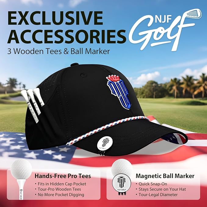 NJF Golf™ Hat Men - Breathable Mens Golf Hats, Adjustable Rope Snapback Cap, Convenient Cap with Tee Holder