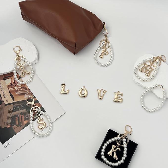 Gold Bubble Heart, Cherry, Bow & More Designs Letter Initial Keychain Bag Charms – Cute Purse Charms for Handbags