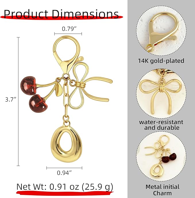 Gold Bubble Heart, Cherry, Bow & More Designs Letter Initial Keychain Bag Charms – Cute Purse Charms for Handbags