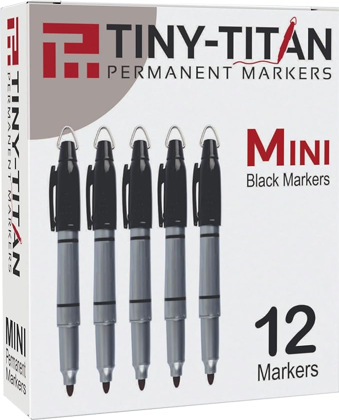 Tiny-Titan Mini Markers, Keychain Clip, Golf Ball Marker, Clip On Nurse's Badge - BLACK Ink - Fine Point - 12 Pens Per Box