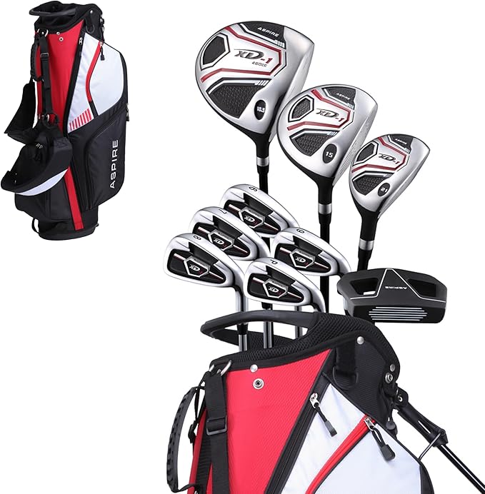 Aspire XD1 Senior Men’s 14-Piece Golf Set – 460cc Titanium Driver, Wood, Hybrid, 6-PW Irons, Putter, Stand Bag, 3 Headcovers and Cover – RH