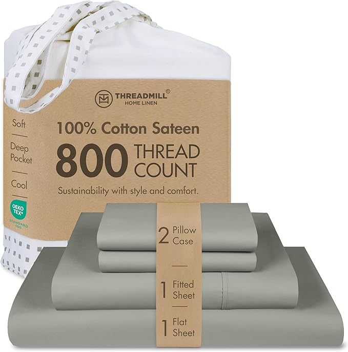 Threadmill Luxury 800 Thread Count California King 100% Cotton Sheets - Moonrock Grey Sateen Weave Bed-Sheets, Better Than Egyptian Cotton, 4 Pc Solid Bed Set, Fits 16" Deep Pocket