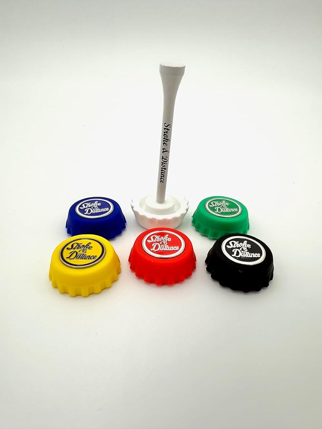 Stroke & Distance Bottle Cap Tee Double Pack - Keep Beverages Secure & Tee Off in Style - Par 3 Height - Insert Any Tee - Training Aid