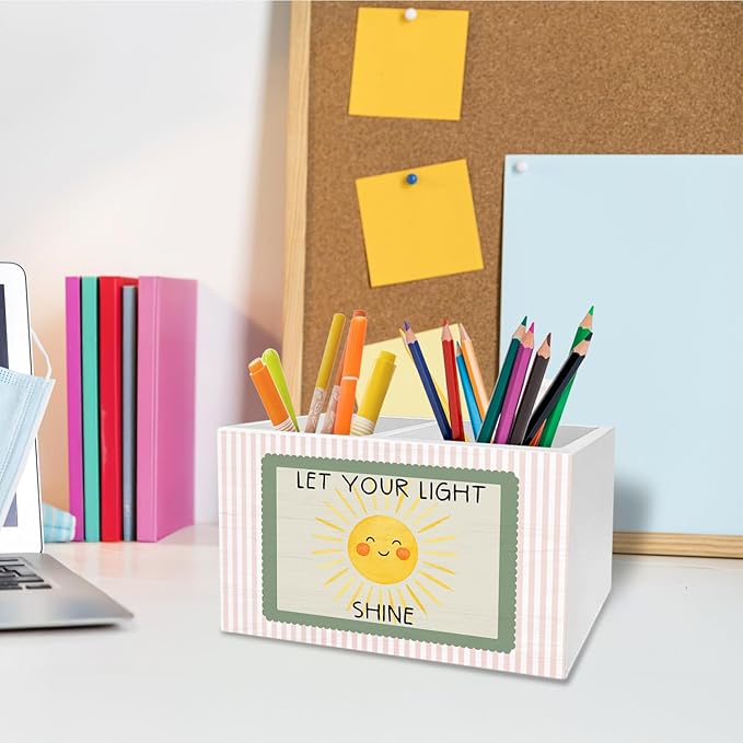 Boho Sun Inspirational Pen Pencil Holder for Desk, Boho Classroom Decor, Let Your Light Shine Cute Sunshine Wooden Box Sign Desk Decor for Kids Room Nursery Playroom Decoration