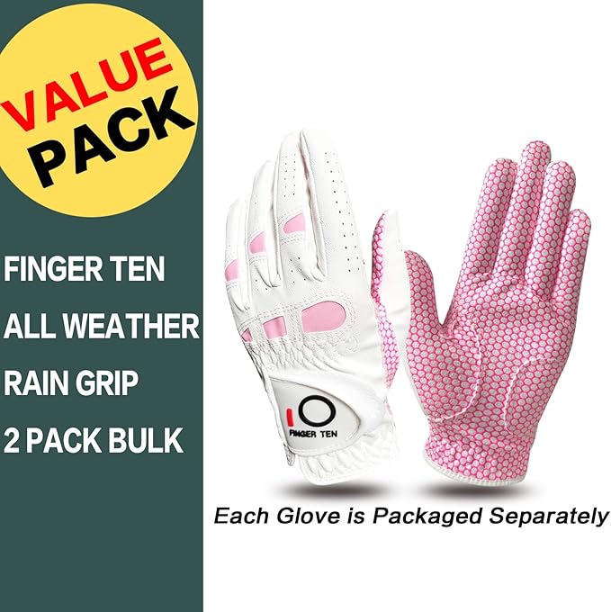 FINGER TEN Non Slip Golf Gloves Women 2 Pack for Left Right Handed Golfers, All Weather Grip & Comfortable Glove for Serious Performance, Fit Size Medium Small Large