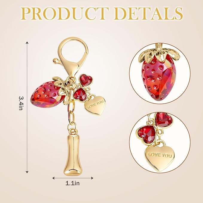 Snycler Bubble Initial Keychain with Strawberry & Bow- Gold Letter Bag Charms for Women, Cute Purse Handbag Accessories