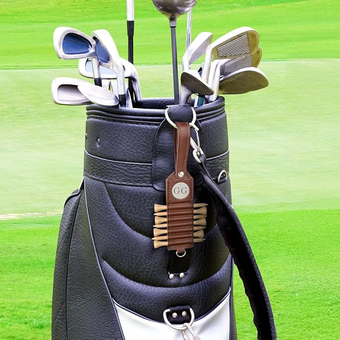 Personalized Golf Bag Tag Tee Holder Custom Golf Club Monogram Leather Golf Tee Holder with Name 7 Pcs Golf Tees Sports Accessories Birthday for Golf Players Men Dad Father Grandpa