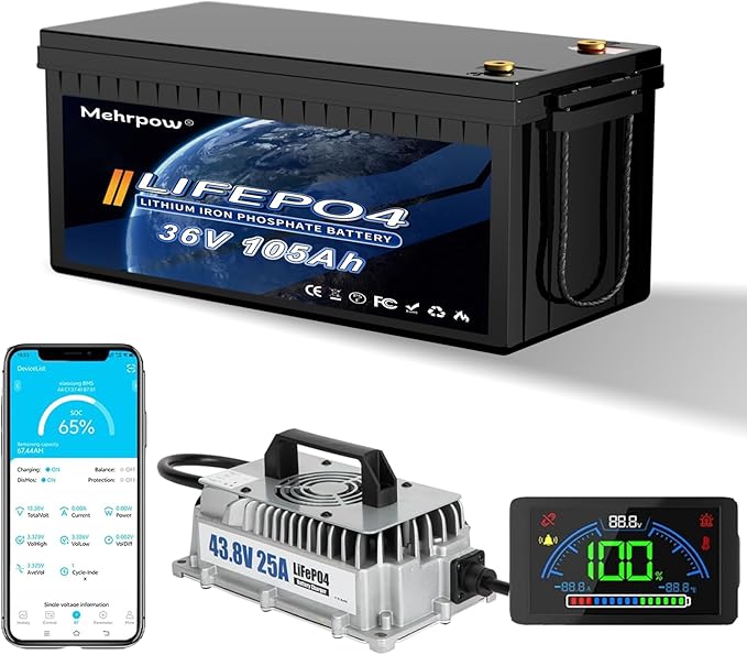 36V 105Ah LiFePO4 battery, built-in Bluetooth 200A BMS and LCD display, IP65 waterproof and dustproof, with 43.8V 25A lithium battery charger, peak current 1000A, perfect for golf carts