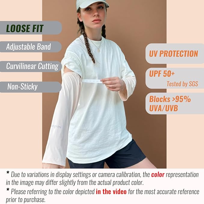 UPF 50+ Sun Protection Arm Sleeves Elastic band Adjustable Cuff Loose Fit Non-Sticky Airflow Friendly Outdoor