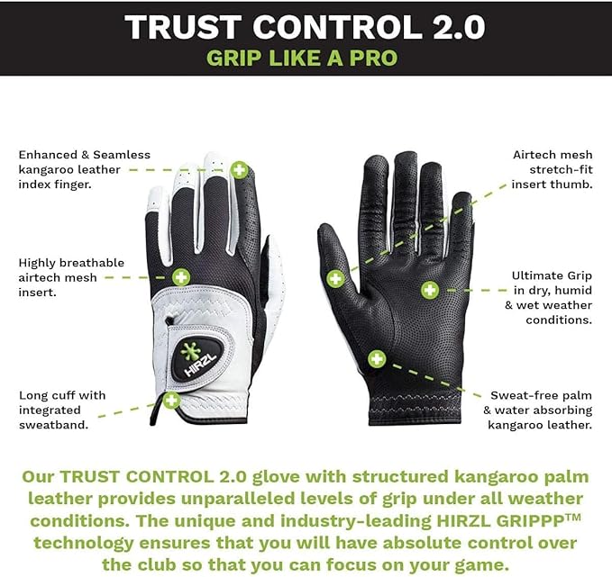 HIRZL Trust Control 2.0 Golf Gloves, All Weather Mens Golf Glove, White/Black, Kangaroo Leather Palm, Cabretta Leather Backhand, Trusted by Pro’s, Sweat Free, Ultimate Grip
