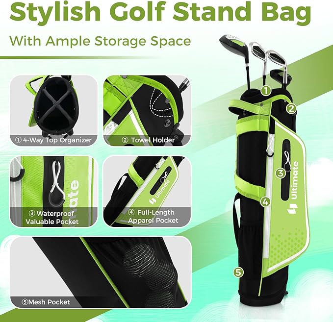Goplus Junior Complete Golf Club Set for Kids, Right Hand Golf Clubs with Stand Bag, Rain Hood, Golf Practice Set for Ages 5-7,8-10,11-13 Boys Girls
