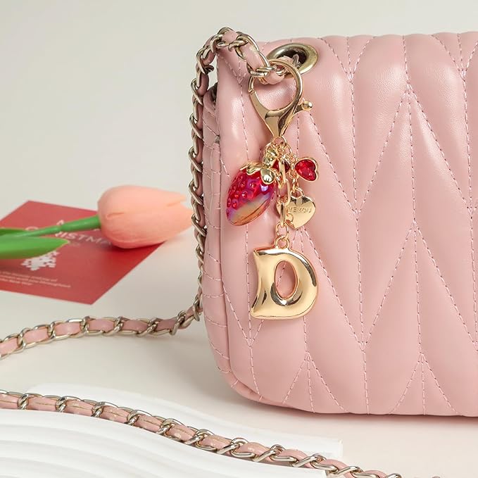 Snycler Bubble Initial Keychain with Strawberry & Bow- Gold Letter Bag Charms for Women, Cute Purse Handbag Accessories