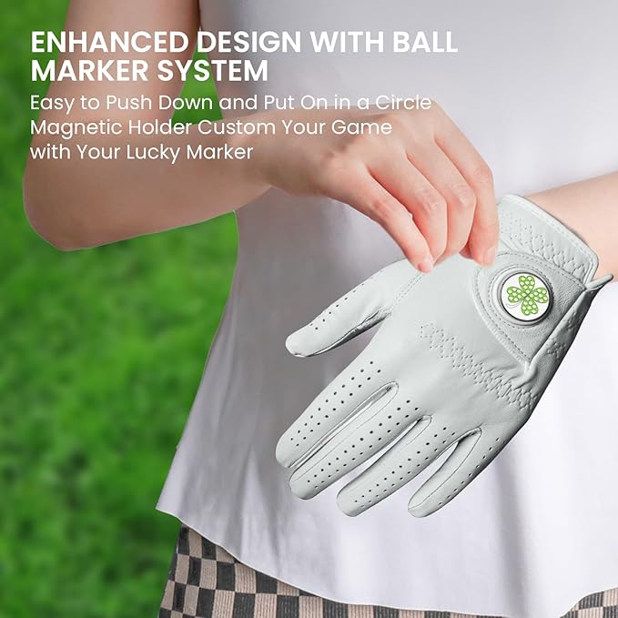 Golf Gloves Women All Premium Cabretta Leather 1 Pair with Ball Marker, Soft Comfortable & All Weather Grip Glove for Right Handed Golfer, Serious Feel Fit Size Small Medium Large XL