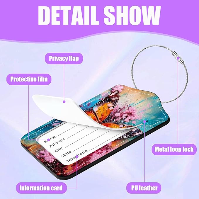 3 Pack Vintage Butterfly Flowers Luggage Tags for Suitcase PU Leather Travel Luggage Tag Privacy Cover ID Label for Women Men Baggage Backpack Handbag School Bag