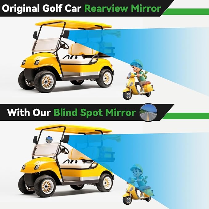 Golf Cart Side Mirrors for EZGO Club Car Yamaha, No Drilling HD-Shatterproof Golf Cart Mirrors Side View with Blind Spot Mirrors & 3 Size Clips (Fit 0.75-1.25in Square Rails)