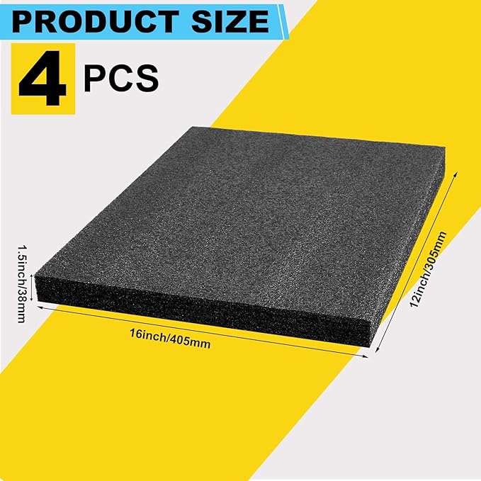 Treela 4 Pcs Customizable Polyethylene Foam Sheets 16x12x1.5" Black Thick Cuttable Foam Padding Inserts for Cases, Polyethylene Block Sheets for Packing Toolbox Storage and Craft Pad