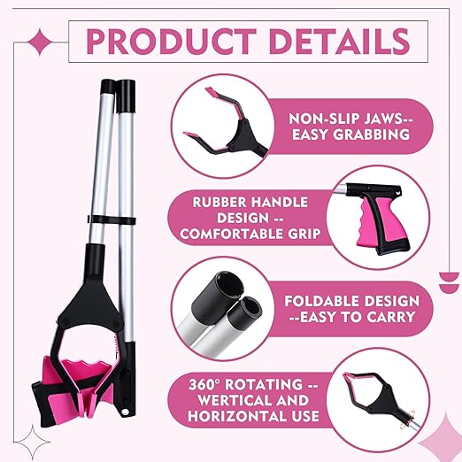 Ctosree 8 Pack 32" Trash Grabber Reacher Tool for Elderly, Foldable Litter Picker Upper, Lightweight Trash Pick up Stick, Long Handy Mobility Aids for Home Garden Arm Extension(Pink)