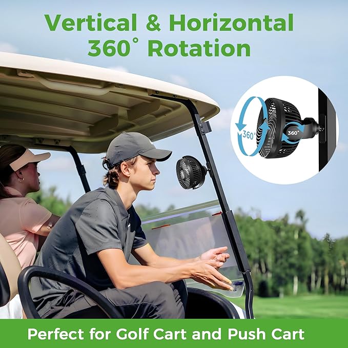 10L0L Magnetic Golf Cart Fan Rechargeable with Flexible Tripod Mount - 10000mAh Battery Operated Portable Fan 360° Rotatable Head, Fits for Yamaha/EZGO/Club Car Golf Cart with LED Light