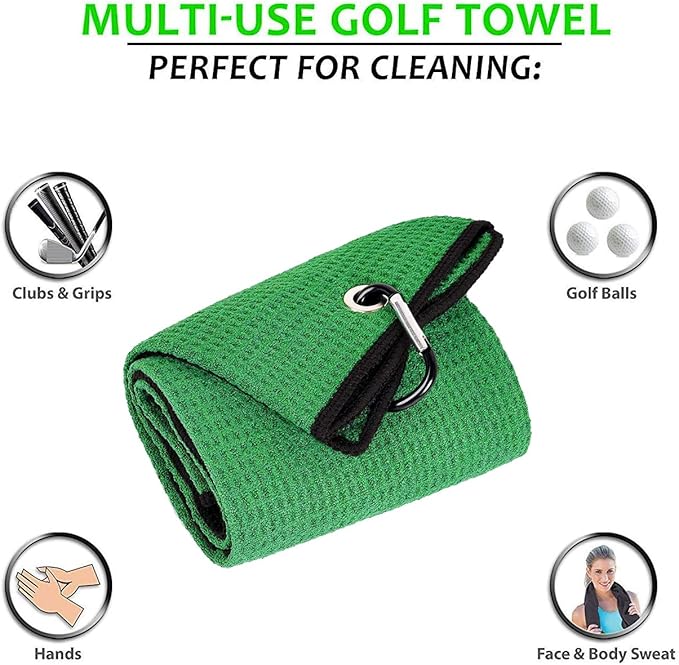 Golf Towels, Microfiber Waffle Pattern Tri-fold Golf Towel - Brush Tool Kit with Club Groove Cleaner, with Clip Men Women Golf Gifts (Green Towel+Black Brush)