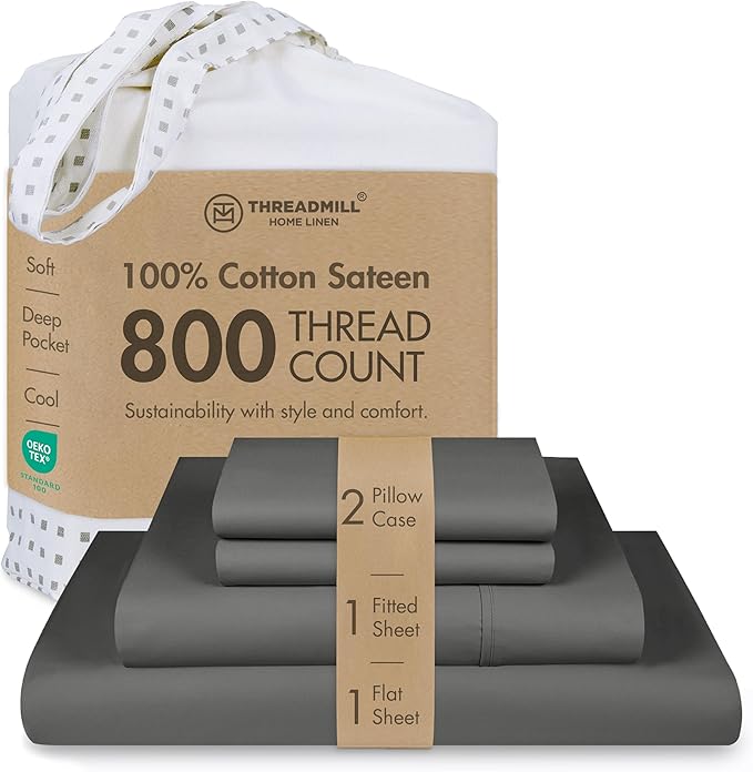 Threadmill Luxury 800 Thread Count Full Size 100% Cotton Sheets - Dark Grey Sateen Weave Bed-Sheets, Better Than Egyptian Cotton, 4 Pc Solid Bedding Set, Fits 16" Deep Pocket