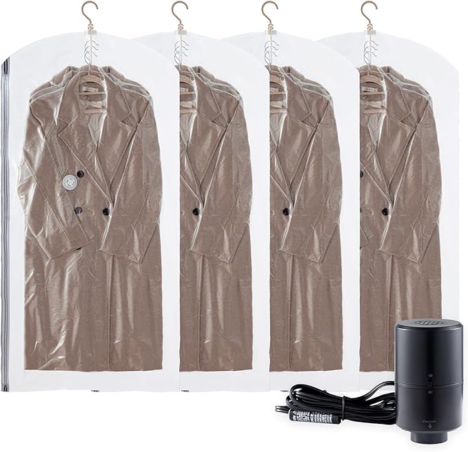 Hanging Vacuum Storage Bags with Electric Pump, 4 Pack (53 x27.5 inch), Vacuum Seal Bags for Clothing, Garment Storage for Short Jacket, Suits, Dresses, Closet Organizer Space Saving