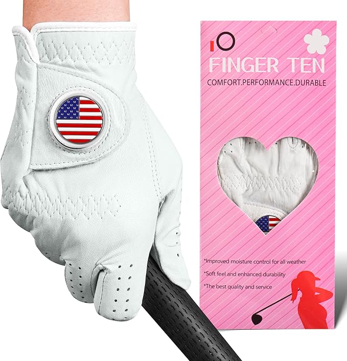 FINGER TEN Golf Gloves Women All Premium Cabretta Leather 1 Pack, Soft Comfortable & Breathable Grip Glove with Ball Marker Left Hand for Right Handed Golfer