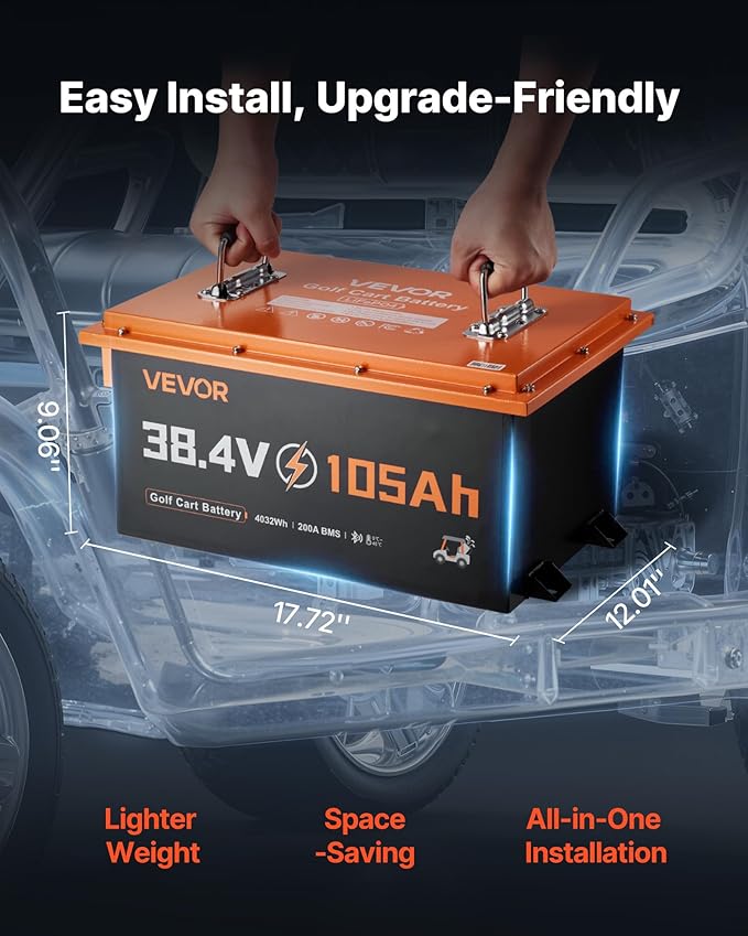 VEVOR 36V (38.4V) 105AH Lithium Golf Cart Battery, with 25A Charger, Lifepo4 Battery Kit, Built-in 200A BMS, with Bluetooth & Touch Monitor, 4000 Cycles, Metal Case, for Golf Carts, Trolling Motors