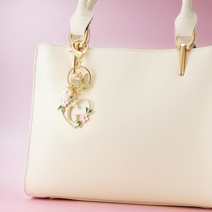 Gold Heart Initial Letter Keychain for Women Key chain Keyring for Purse Handbags Backpack Charm