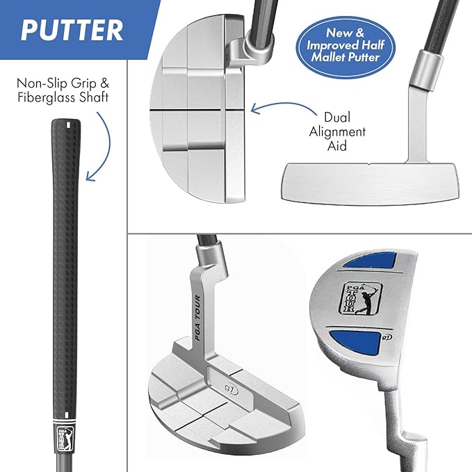 PGA Tour Youth Golf Club Set for Ages 8-12 (4’8”-5’2”) and 12+ (5’2”+), Right and Left-Handed Kids Golf Sets – Beginner Junior Golf Clubs with Lightweight Stand Bag, Mallet Putter, Hybrid, Driver