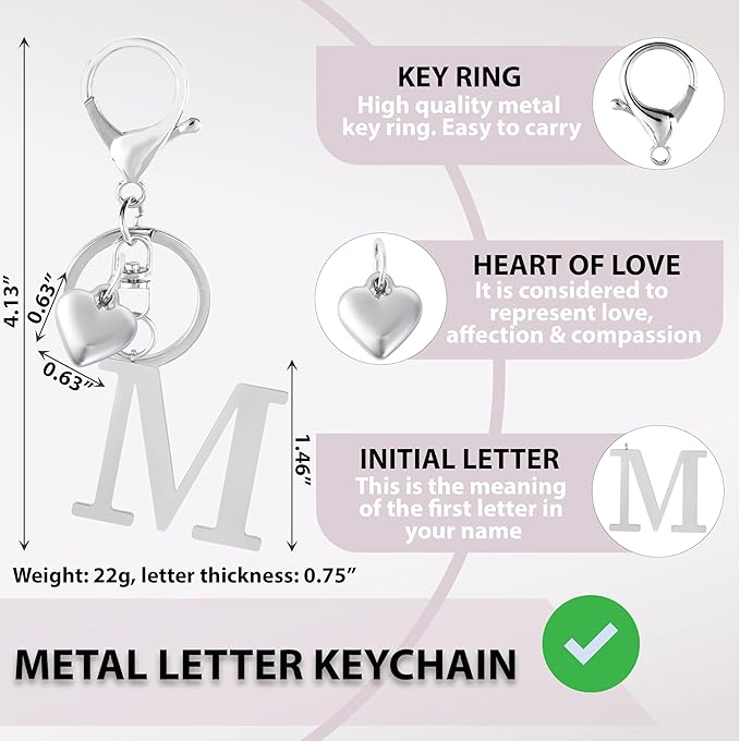 Metal Heart Alphabet Keychain for Women, Girls - Cute Initial Letter Accessories for Purse, Bag Charms and Backpack
