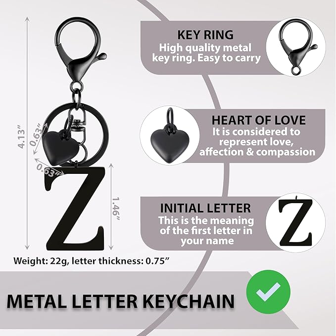 Metal Heart Alphabet Keychain for Women, Girls - Cute Initial Letter Accessories for Purse, Bag Charms and Backpack